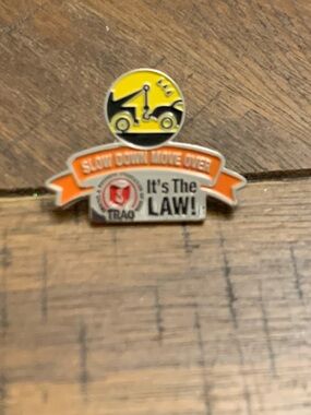 Slow Down Move Over Enamel Safety Pin - Orange, Yellow, Black
